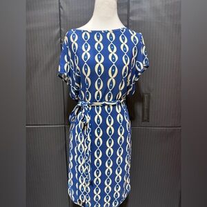 Leota Blue and Cream Geometric Midi Dress - NWT